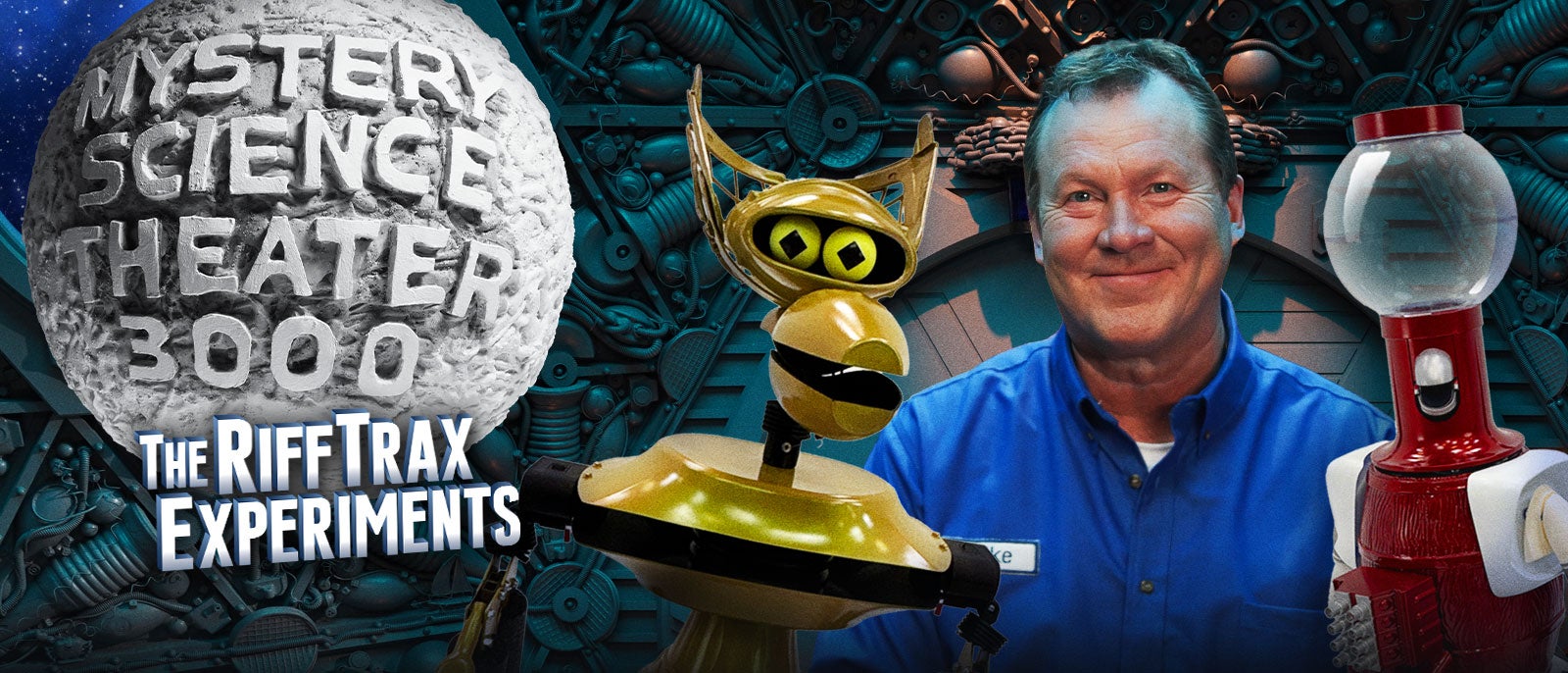 Mike, Tom Servo, and Crow T. Robot aboard the Satellite of Love in MST3K: The RiffTrax Experiments